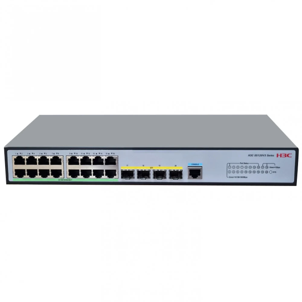 Коммутатор, H3C, LS5120V3-20P-LI-GL Switch, Управляемый L3, 16 порта 10/100/1000M, 4 порта 1000M SFP, AC 100~240 В, -5°C ~ +50°C, стоечный