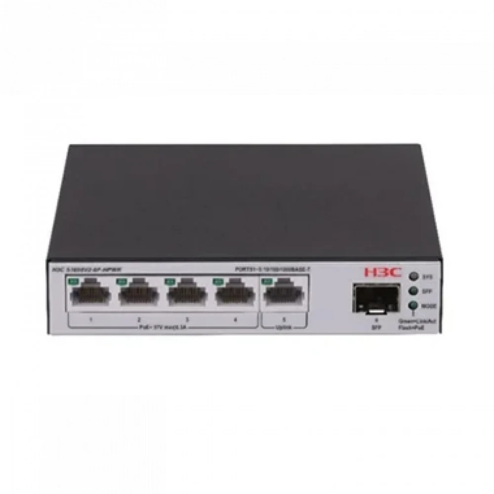 Коммутатор, H3C, LS-1600V2-6P-HPWR-GL, управляемый L2, 4*10/100/1000BASE-T RJ45 PoE+, 1*10/100/1000BASE-T RJ45, 1*1G SFP, 15.4W (802.3af) на 4 порта, 30W (802.3at) на 2 порта, Total PoE 73W, настоль