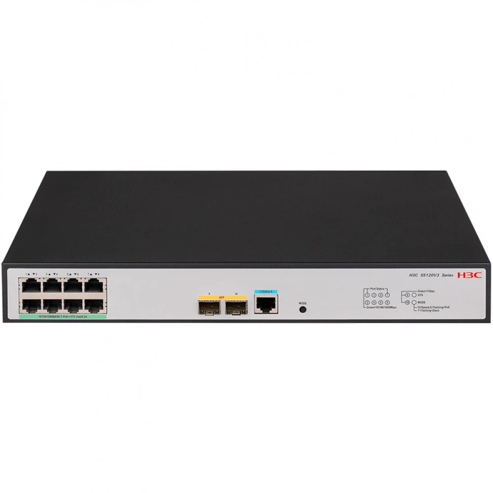 Коммутатор, H3C, LS-1850V2-10P-HPWR-EI-GL, Управляемый L2, 8 портов 10/100/1000M (PoE 125Вт, 802.3af/at), 2 порта 1000M SFP, AC 100~240 В, -10°C ~ +55°C