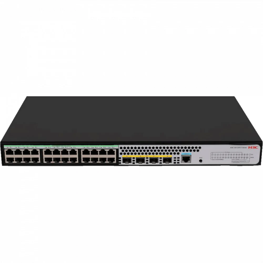 Коммутатор, H3C, LS5120V3-28S-PWR-LI-GL Switch, Управляемый L3, 24 порта 10/100/1000M (PoE 240Вт, 802.3af/at), 4 порта SFP+ 10G, AC 100~240 В, -5°C ~ +50°C, стоечный