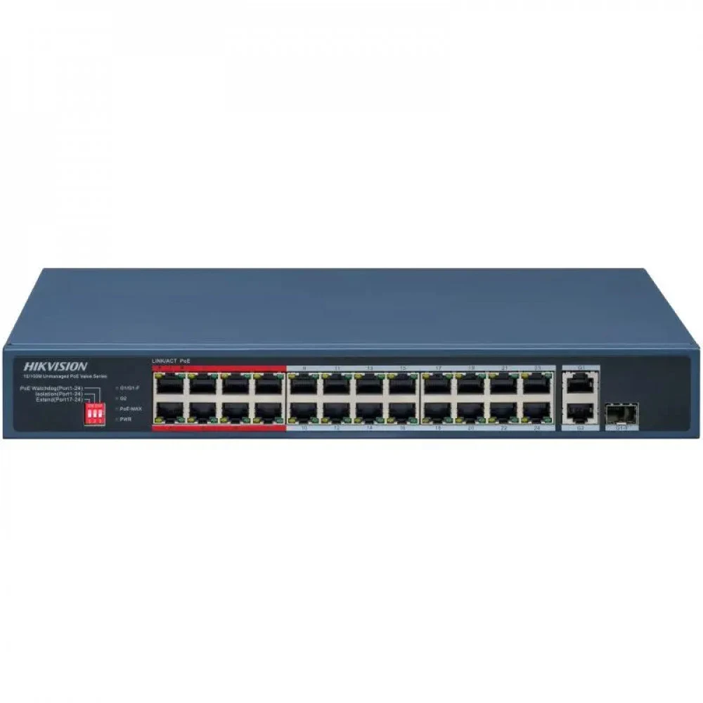 PoE Сетевой коммутатор | Интерфейс: PoE 24×RJ45 10/100Мбит/с / Uplink 1×RJ45 1Гбит/с / Uplink Combo 1×RJ45 1Гбит/с + 1×SFP 1Гбит/с | PoE Стандарт: IEEE 802.3af / IEEE 802.3at | Скорость коммутации: