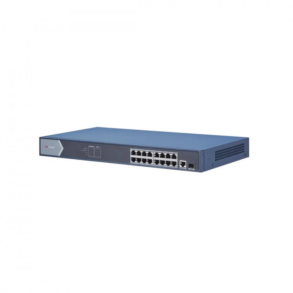 Коммутатор, Hikvision, DS-3E0518P-E(B), Неуправляемый, 16 x Gigabit RJ45, РоЕ 802.3af/at 230W, 1 x Gigabit, 1 x SFP, Стоечный, Металл