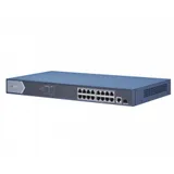 Неуправляемый коммутатор, 16 RJ45 1000M PoE с грозозащитой 6кВ, 2 1000М SFP uplink порта, бюджет PoE 125Вт, таблица MAC адресов на 8000 записей, пропускная способность 36Гб/с, стандарты PoE: IEEE802