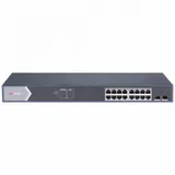Неуправляемый коммутатор, 16 RJ45 1000M PoE с грозозащитой 6кВ, 2 1000М SFP uplink порта, бюджет PoE 125Вт, таблица MAC адресов на 8000 записей, пропускная способность 36Гб/с, стандарты PoE: IEEE802