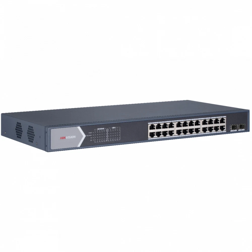 Неуправляемый коммутатор. 24 RJ45 1000M PoE с грозозащитой 6кВ, 2 1000М SFP uplink порта бюджет PoE 250Вт таблица MAC адресов на 8000 записей пропускная способность 52Гб/с стандарты PoE: IEEE802.3af