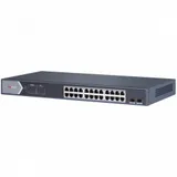 Неуправляемый коммутатор. 24 RJ45 1000M PoE с грозозащитой 6кВ, 2 1000М SFP uplink порта бюджет PoE 250Вт таблица MAC адресов на 8000 записей пропускная способность 52Гб/с стандарты PoE: IEEE802.3af