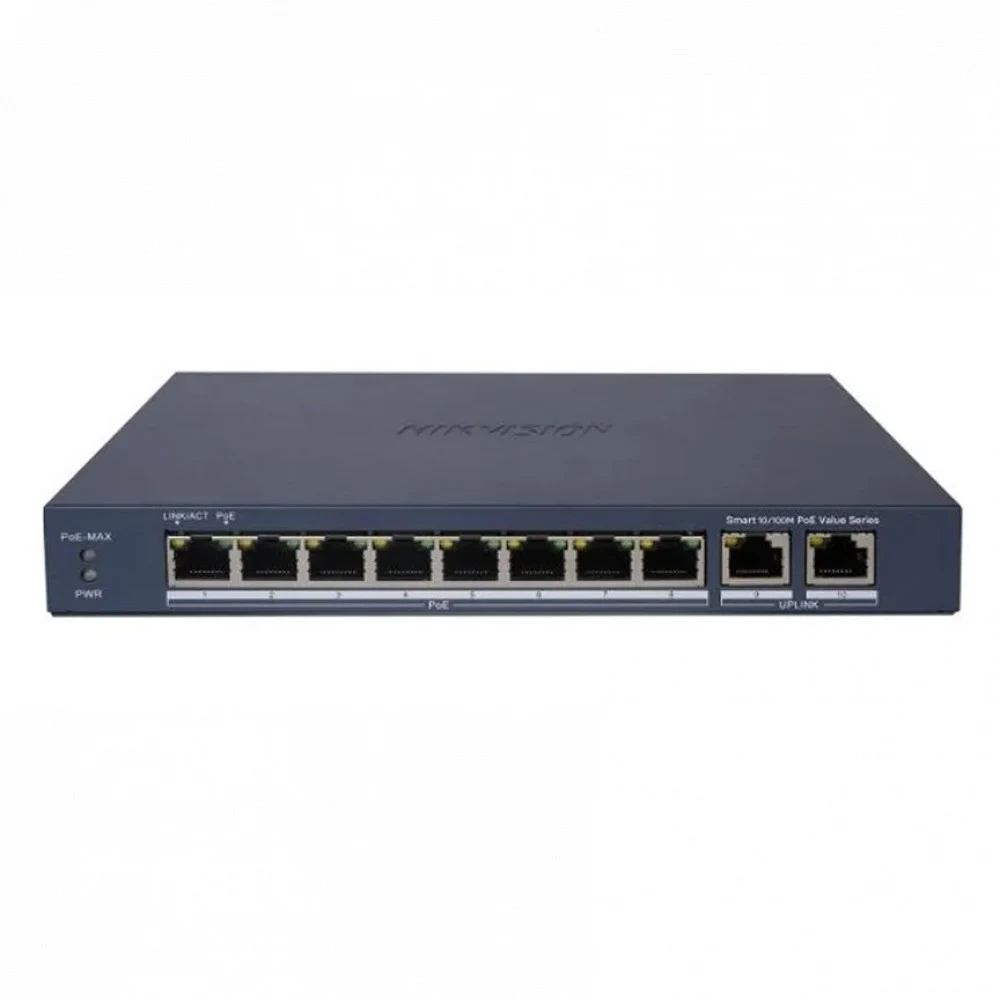 Коммутатор, Hikvision, DS-3E1310P-EI (B), Управляемый L2, 8 x 10/100 Mbps, РоЕ 802.3af/at 110W, 2 x Gigabit RJ45, Настольный, Металл