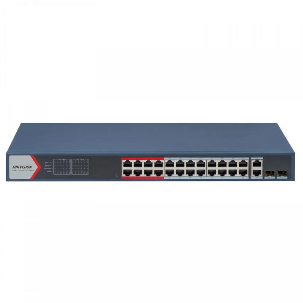 Коммутатор, Hikvision, DS-3E1326P-EI(B), Управляемый L2, 24 x 10/100 Mbps, РоЕ 802.3af/at 370W, 2 x SFP, 2 x 1000 Mbps RJ45, Стоечный, Long Range Ports 1 to 24: up to 300 m.