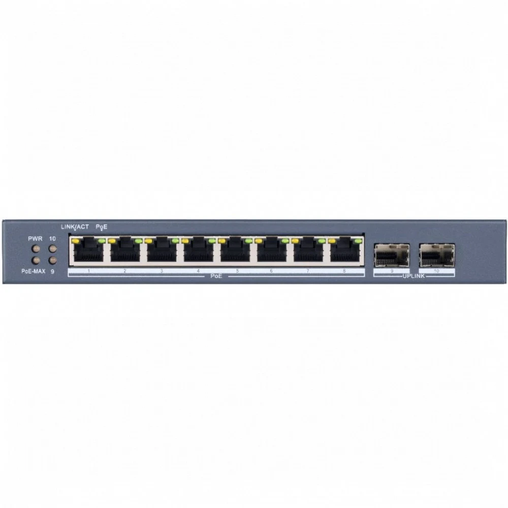 PoE Сетевой коммутатор | Интерфейс: PoE 8×RJ45 1Гбит/с / Uplink 2×RJ45 1Гбит/с | PoE Стандарт: IEEE 802.3af / IEEE 802.3at | Скорость коммутации: 20 Гбит/с | Скорость передачи пакетов: 14.88Мбит/с |