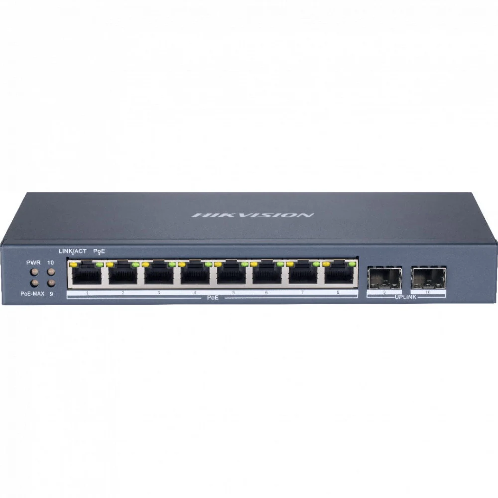 DS-3E1510P-SI Интеллектуальный управляемый коммутатор с 8 × Gigabit PoE-портами, 2 × Gigabit-оптоволоконных порта, стандарт IEEE 802.3 at/af для PoE-портов, Управление топологией сети, сигнал тревог