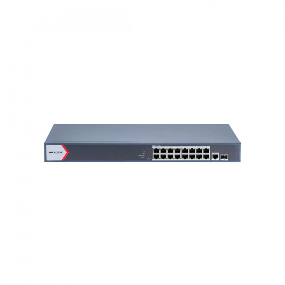 Коммутатор, Hikvision, DS-3E1518P-EI V2, Управляемый L2, 16 x Gigabit RJ45, РоЕ 802.3af/at 230W, 1 x Gigabit RJ45, 1 x SFP, Стоечный, Long Range Ports 1 to 16: up to 300 m.
