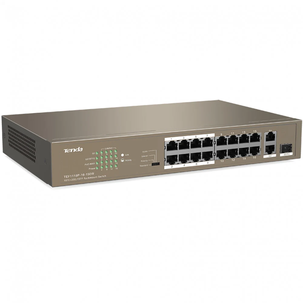 IP-COM F1118P-16-150W Коммутатор неуправляемый PoE, 18 портов, 16х100 Мбит/с, 2x1 Гбит/с, SFP 1x1 Гбит/с, PoE 16х30 Вт
