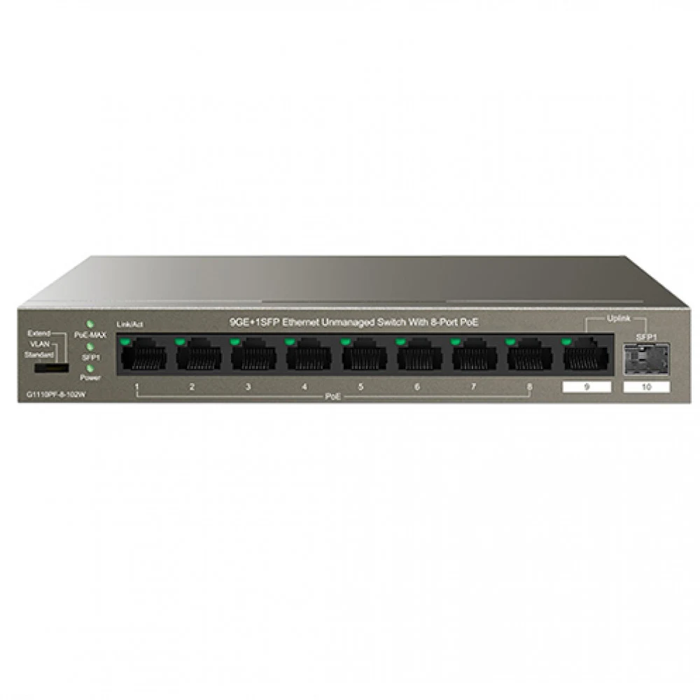 IP-COM G1110PF-8-102W Коммутатор неуправляемый PoE, 10 портов, 9x1 Гбит/с, SFP 1х1 Гбит/с, PoE 8х30 Вт (до 92 Вт)