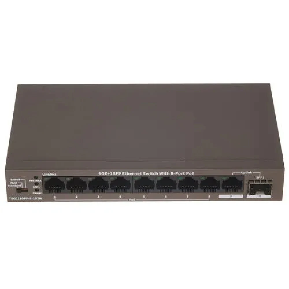 IP-COM G1110PF-8-120W Коммутатор неуправляемый PoE, 10 портов, 9x1 Гбит/с, SFP 1х1 Гбит/с, PoE 8х30 Вт (до 102 Вт)