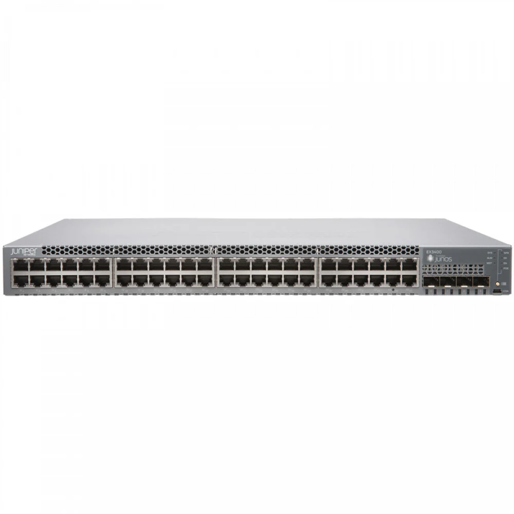 EX3400 48-port 10/100/1000BaseT, 4 x 1/10G SFP/SFP+, 2 x 40G QSFP+, redundant fans, back-to-front airflow, 1 AC PSU JPSU-150-AC-AFIincluded (optics sold separately)