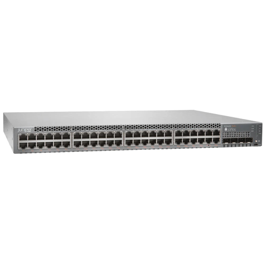 EX3400-48P Коммутатор EX3400 48-port 10/100/1000BaseT PoE+, 4 x 1/10G SFP/SFP+, 2 x 40G QSFP+, redundant fans, front-to-back airflow, 1 AC PSU JPSU-920-AC-AFO included (optics sold separately)