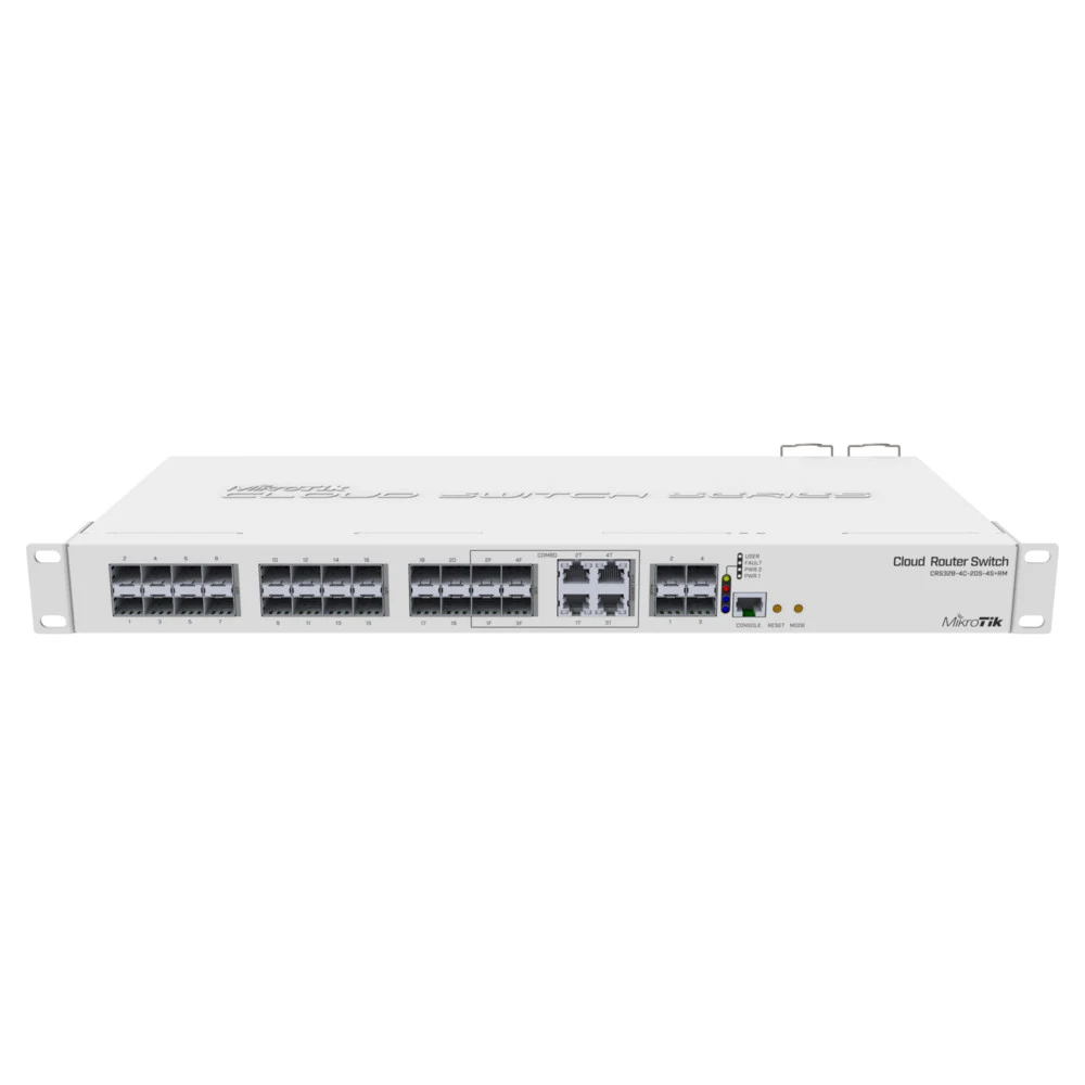 Коммутатор MikroTik Cloud Router Switch 328-4C-20S-4S+RM with 800 MHz CPU, 512MB RAM, 24x SFP cages, 4xSFP+ cages, 4x Combo ports (1xGbit LAN or SFP), RouterOS L5 or SwitchOS (dual boot), 1U rackmou