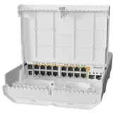 CRS318-16P-2S+OUT with 800MHz CPU, 256MB RAM, 16x Gigabit LAN with PoE-out, 2xSFP+ cages, RouterOS L5 or SwitchOS (dual boot), outdoor enclosure, mounting kit. Блока питания в комплекте НЕТ