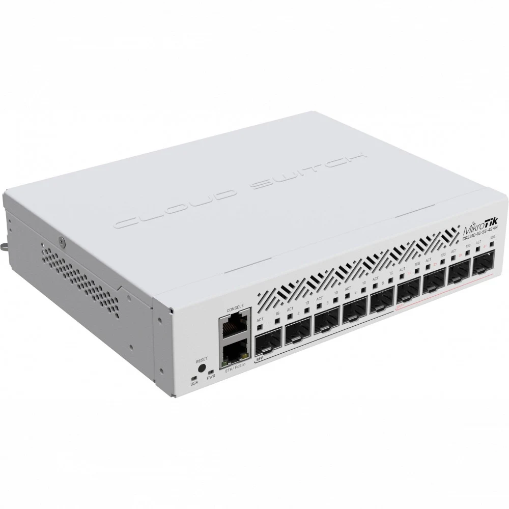 Коммутатор, MikroTik, CRS310-1G-5S-4S+IN, Cloud Router Switch, 4 x 10G SFP+ ports, 5 x 1G SFP ports, 1 x Gigabit Ethernet port (PoE-In 802.3af/at), RouterOS/ SwitchOS, -40°C to 70°C