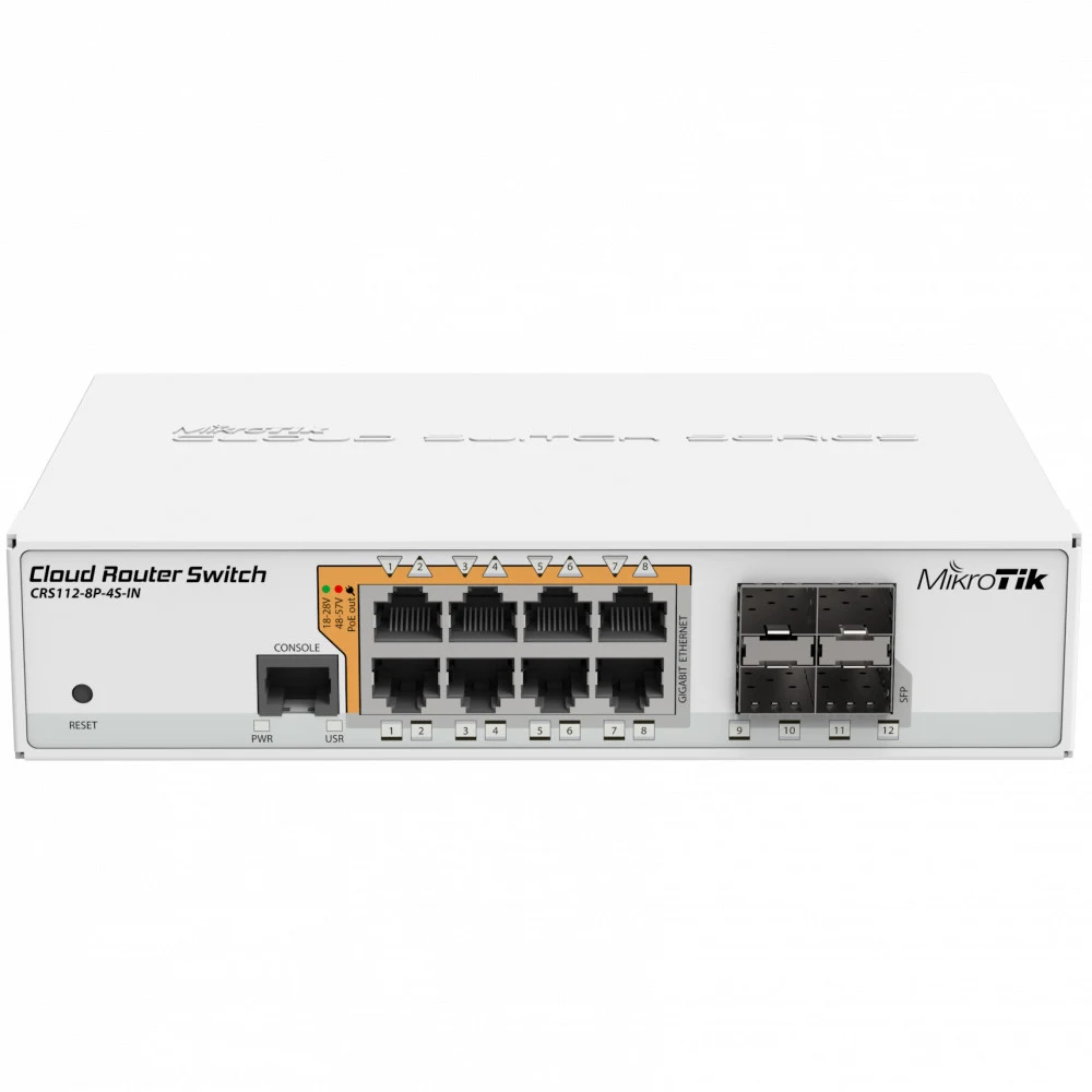 Современный управляемый коммутатор Mikrotik CRS112-8P-4S-IN имеет 8 гигабтных портов типа RJ45 и 4 слота SFP. Он объединяет в себе функциональные особенности роутера и коммутатора 3-го уровня. Все 8