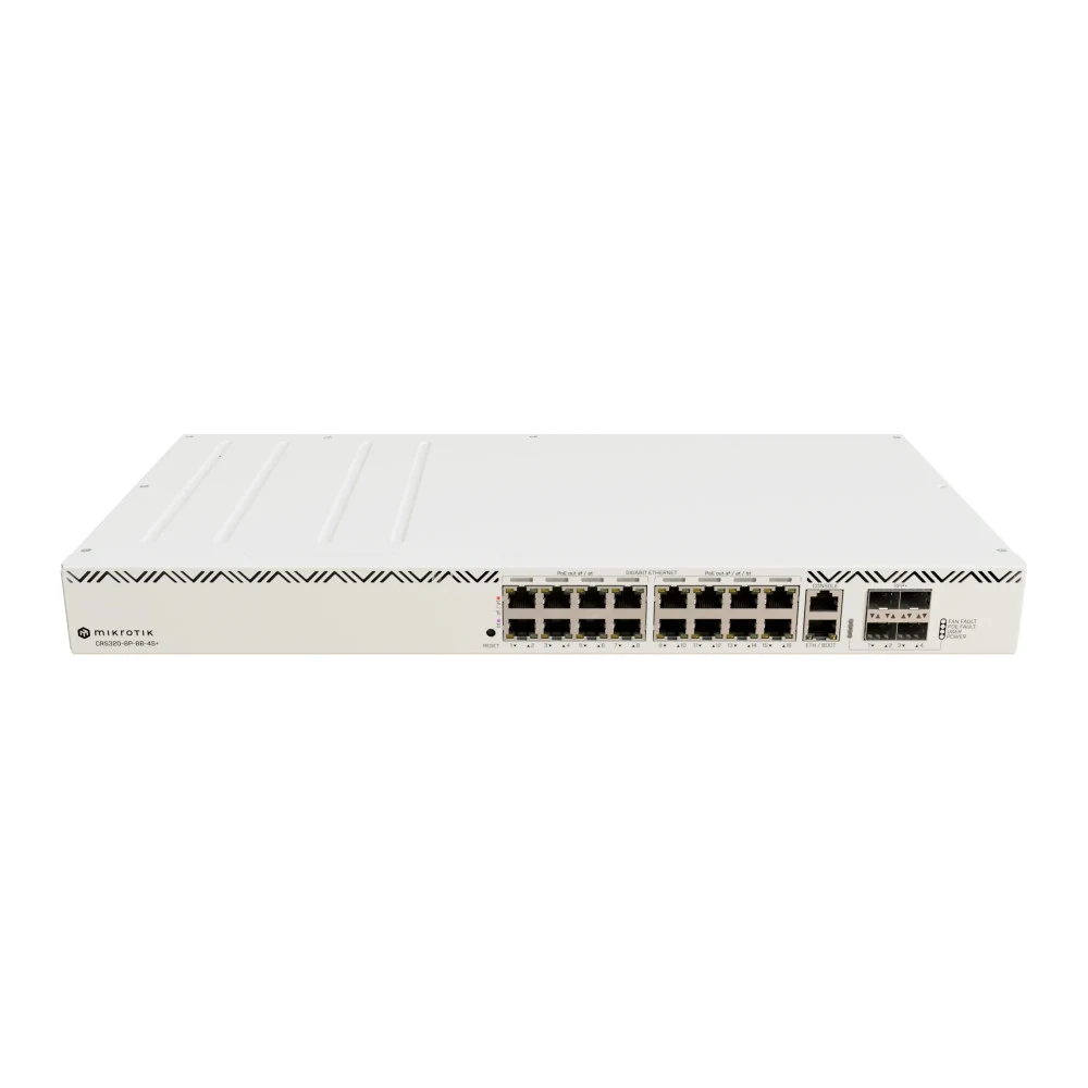 Коммутатор/ CRS320-8P-8B-4S+RM Cloud Router Switch with dual-core 800 MHz CPU, 256 MB RAM, 98DX226S switch chip, 17 x Gigabit Eth ports (8 x 802.3af/at, 8 x 802.3bt PoE-out), 4 x 10G SFP+ ports, Rou