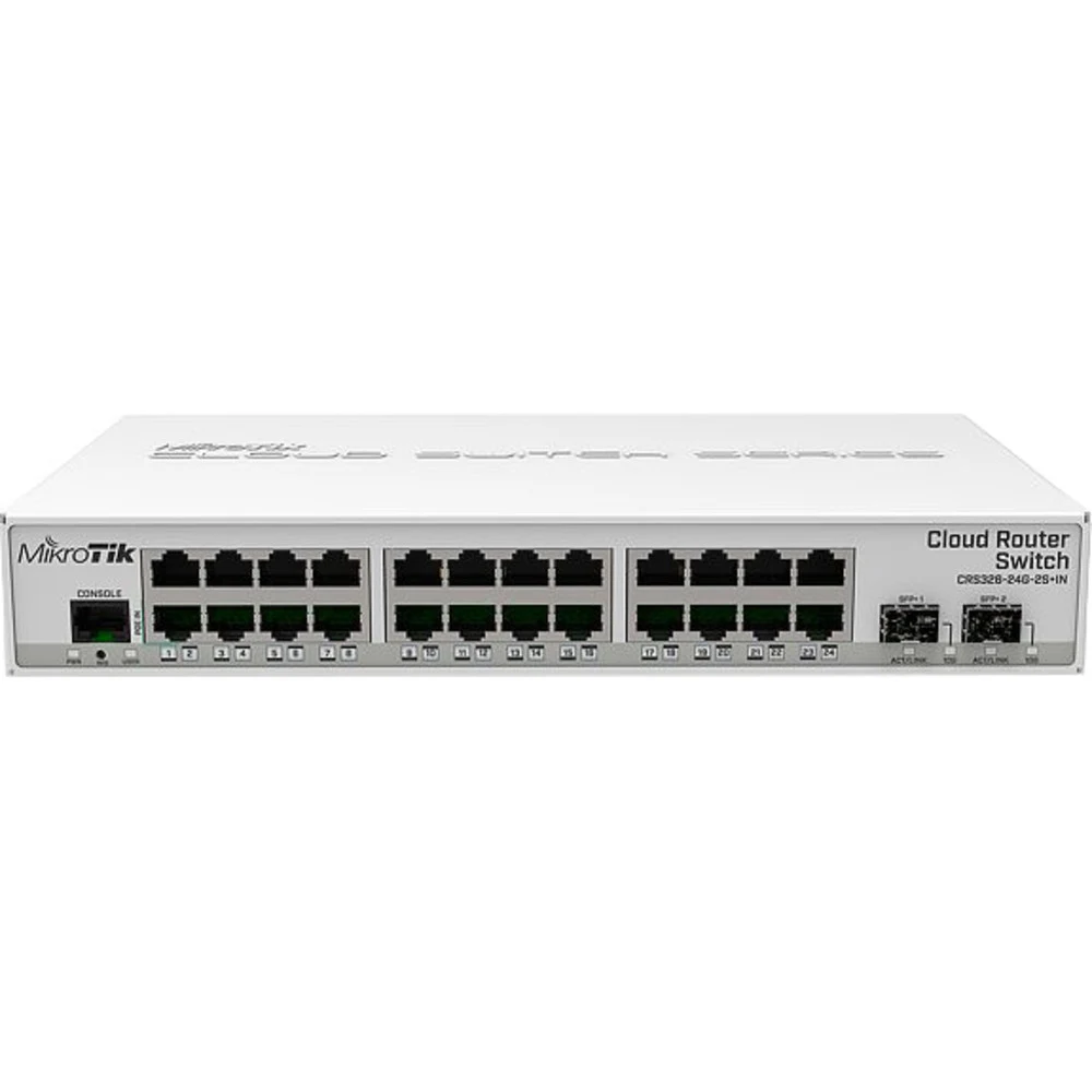 Коммутатор MikroTik Cloud Router Switch 326-24G-2S+IN with 800 MHz CPU, 512MB RAM, 24xGigabit LAN, 2xSFP+ cages, RouterOS L5 or SwitchOS (dual boot), desktop case, PSU