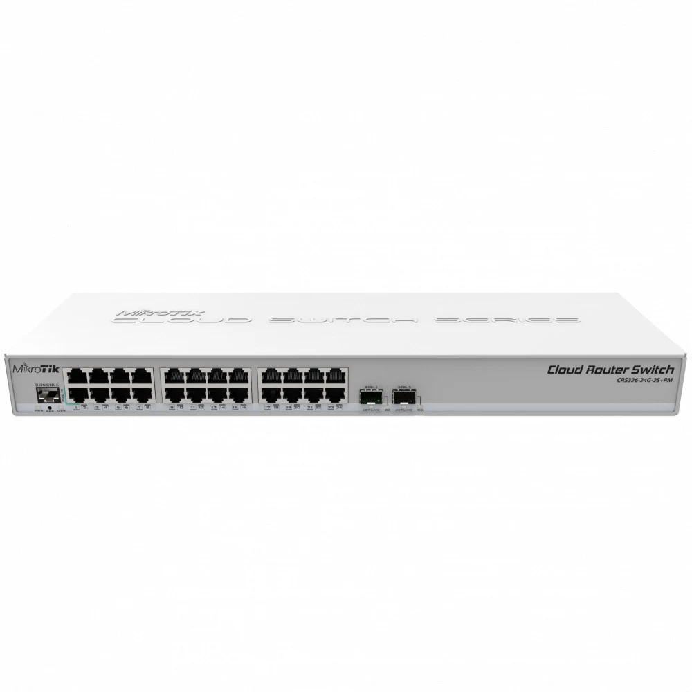 Коммутатор MIKROTIK CRS326-24G-2S+RM Cloud Router Switch 326-24G-2S+RM with 800 MHz CPU, 512MB RAM, 24xGigabit LAN, 2xSFP+ cages, RouterOS L5 or SwitchOS (dual boot),{10} (002198)