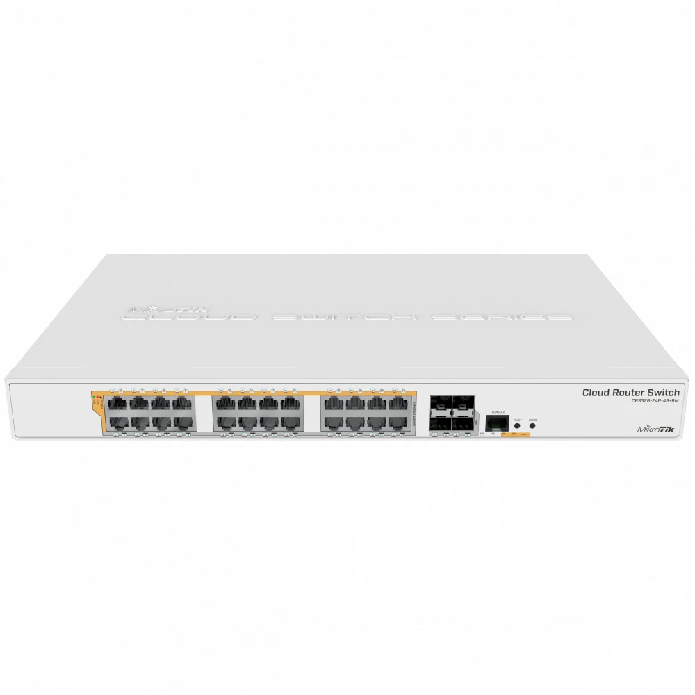 Коммутатор MIKROTIK CRS328-24P-4S+RM Cloud Router Switch with 800 MHz CPU, 512MB RAM, 24xGigabit LAN (all PoE-out), 4xSFP+ cages, RouterOS L5 or SwitchOS (dual boot), 1U rackmount case, 500W built-i