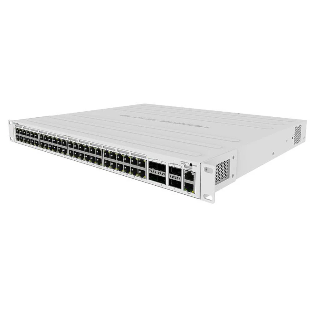 Коммутатор MIKROTIK CRS354-48P-4S+2Q+RM Cloud Router Switch 354-48P-4S+2Q+RM with 48 x Gigabit RJ45 LAN (all PoE-out), 4 x 10G SFP+ cages, 2 x 40G QSFP+ cages, RouterOS L5, 1U rackmount enclosure, 7