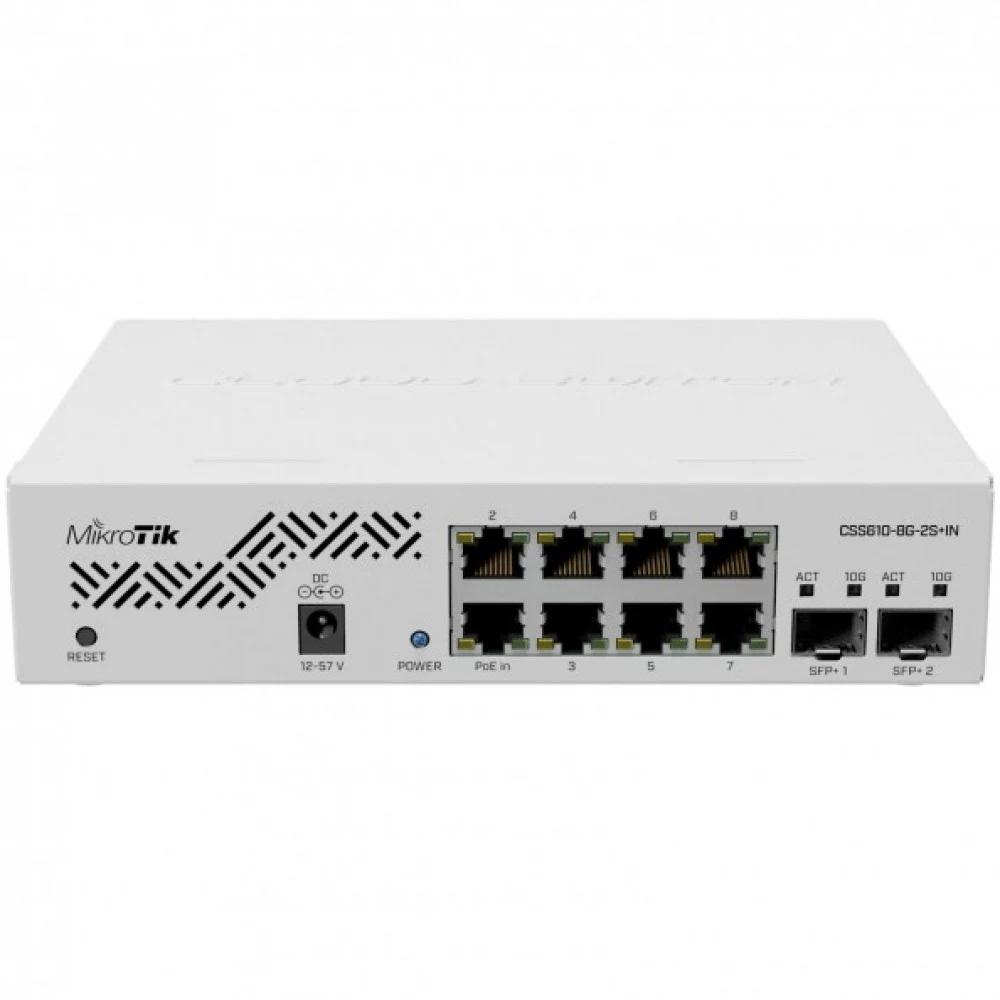 Коммутатор, MikroTik, CSS610-8G-2S+IN, Cloud Smart Switch, 8 портов 10/100/1000M, 2 порта SFP+, Passive PoE in, SwitchOS Lite, -40°C to 60°C, desktop case