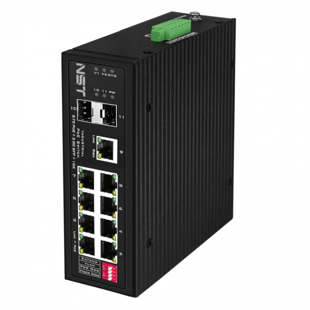 Промышленный PoE коммутатор Gigabit Ethernet/ Промышленный PoE коммутатор Fast Ethernet на 8 FE RJ45 PoE + 1 GE RJ45 + 2 GE SFP порта. Порты Ethernet: 8x10/100Base-T, 1x10/100/1000Base-T, 2x1000Base