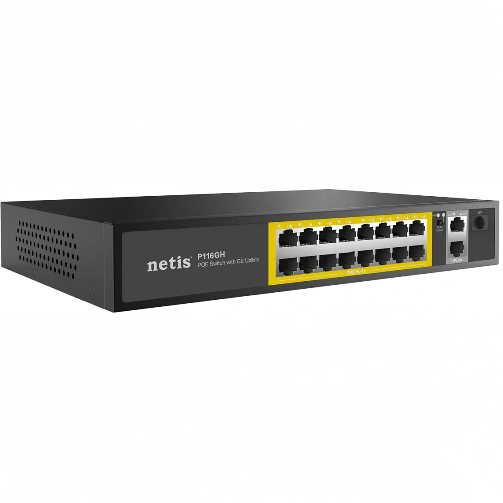 Netis P116GH Коммутатор неуправляемый PoE+, 18 портов, 16x100 Мбит/с, PoE+ 16х30 Вт (до 240Вт), Uplink RJ45 2*1 Гбит/с