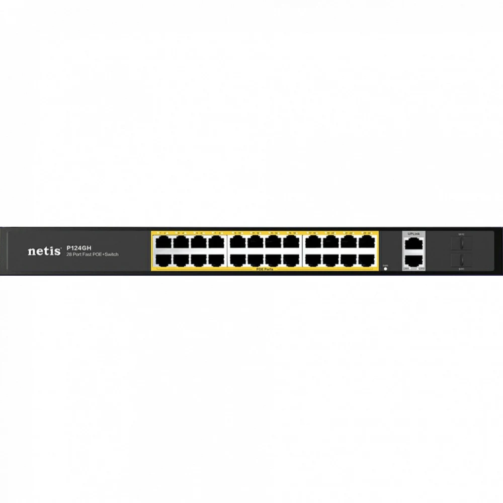 Netis P124GH Коммутатор неуправляемый PoE+, 28 портов, 24x100 Мбит/с, PoE+ 24х30 Вт (до 360Вт), Uplink RJ45 1*1 Гбит/с