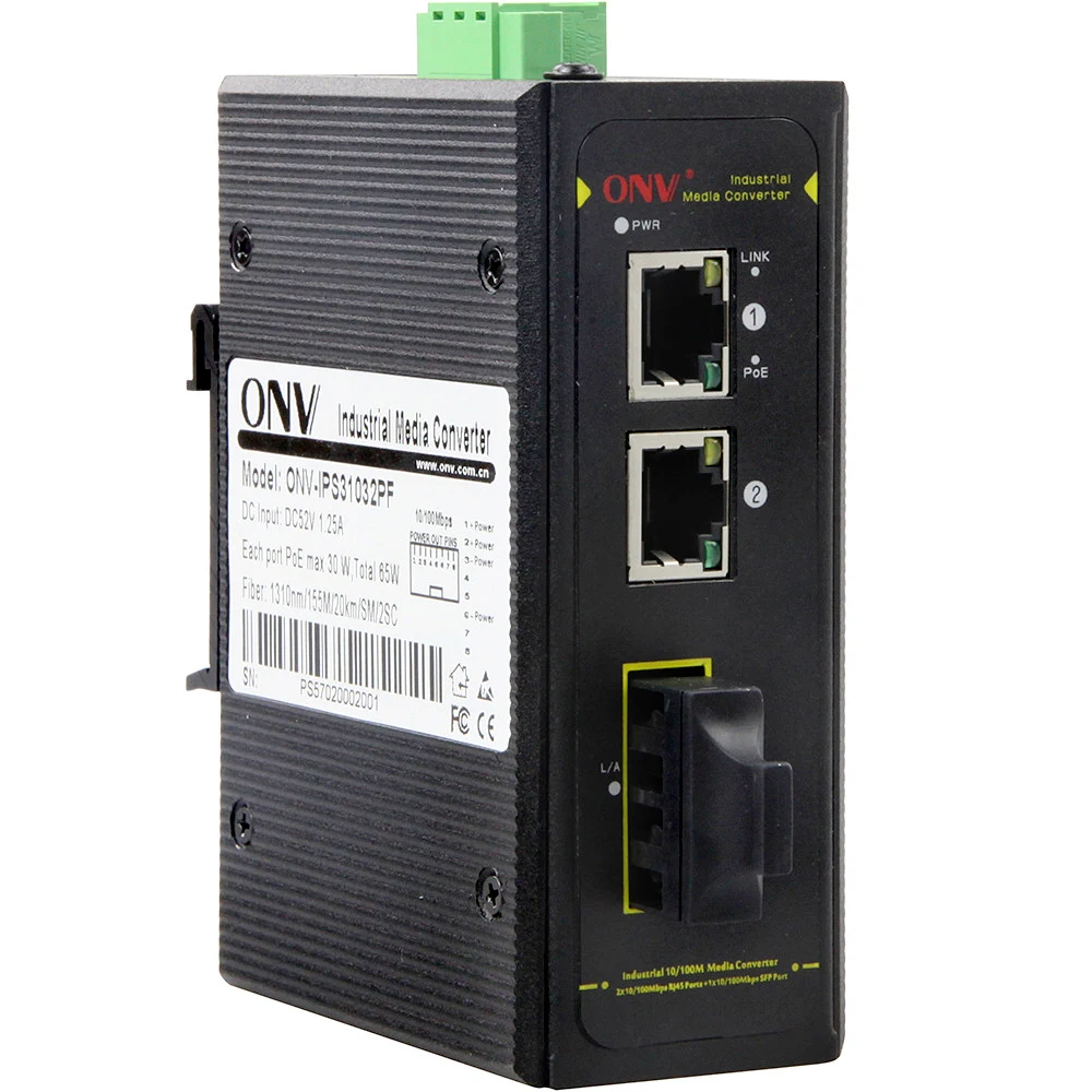 Коммутатор PoE индустриальный 2-портовый ONV IPS31032P-S &lt 2 порта 10/100Mbps PoE 802.3af/at (max 30W на порт), 1 порт Optical 10/100M, SC Singlemode (25km) Dual Fiber, 1310nm (Модуль в комплекте)