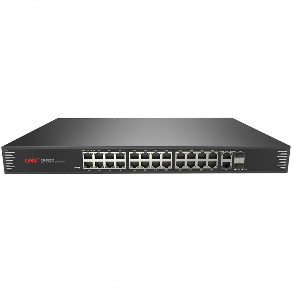 Коммутатор PoE 24-портовый ONV-POE33028PF &lt 24*10/100/1000M POE port,802.3af/at+2*10/100/1000M,RJ 45 +2*1000M SFP fiber slot. Built-in power supply, compatible with 1U rack. Fiber module excluded.
