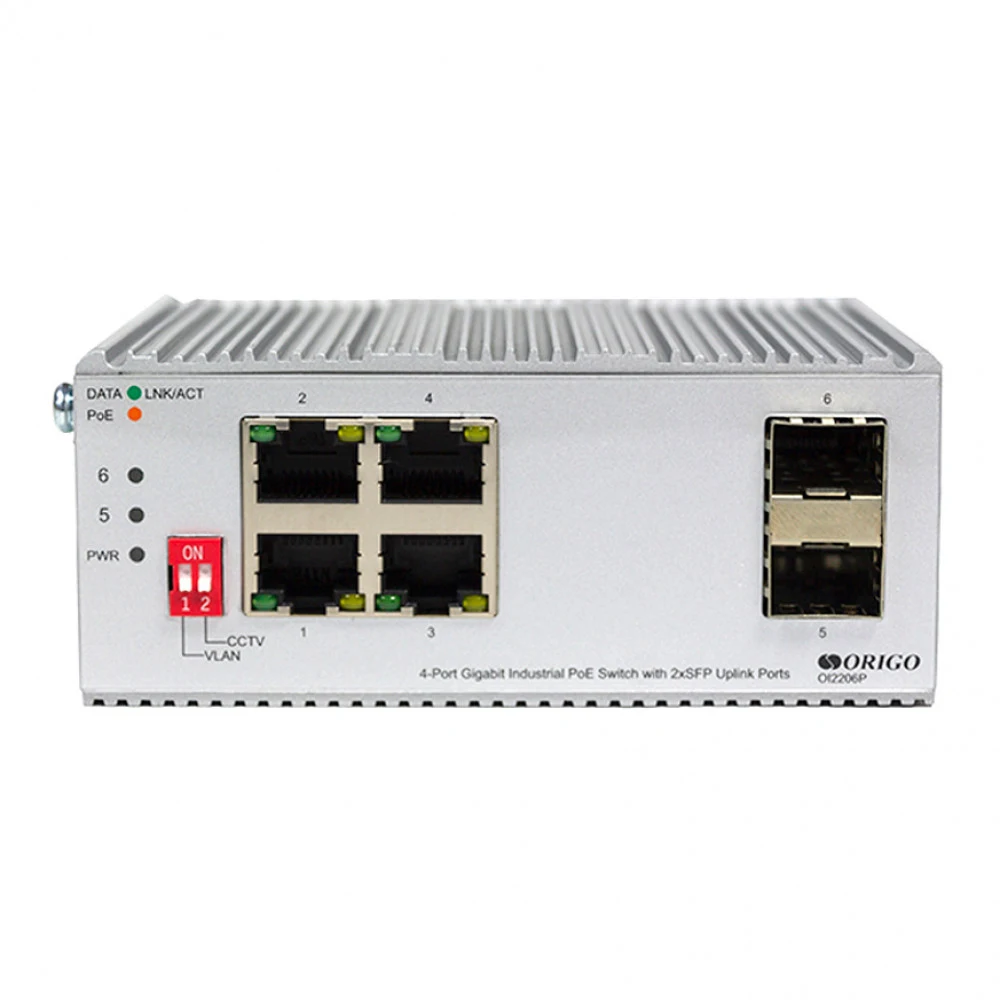 Коммутатор ORIGO OI2206P/120W/A1A Промышленный конфигурируемый PoE-коммутатор, 4x1000Base-T PoE, 2x1000Base-X SFP, DIP-переключатель, PoE-бюджет 120 Вт, защита от статического электричества 6/8 кВ,