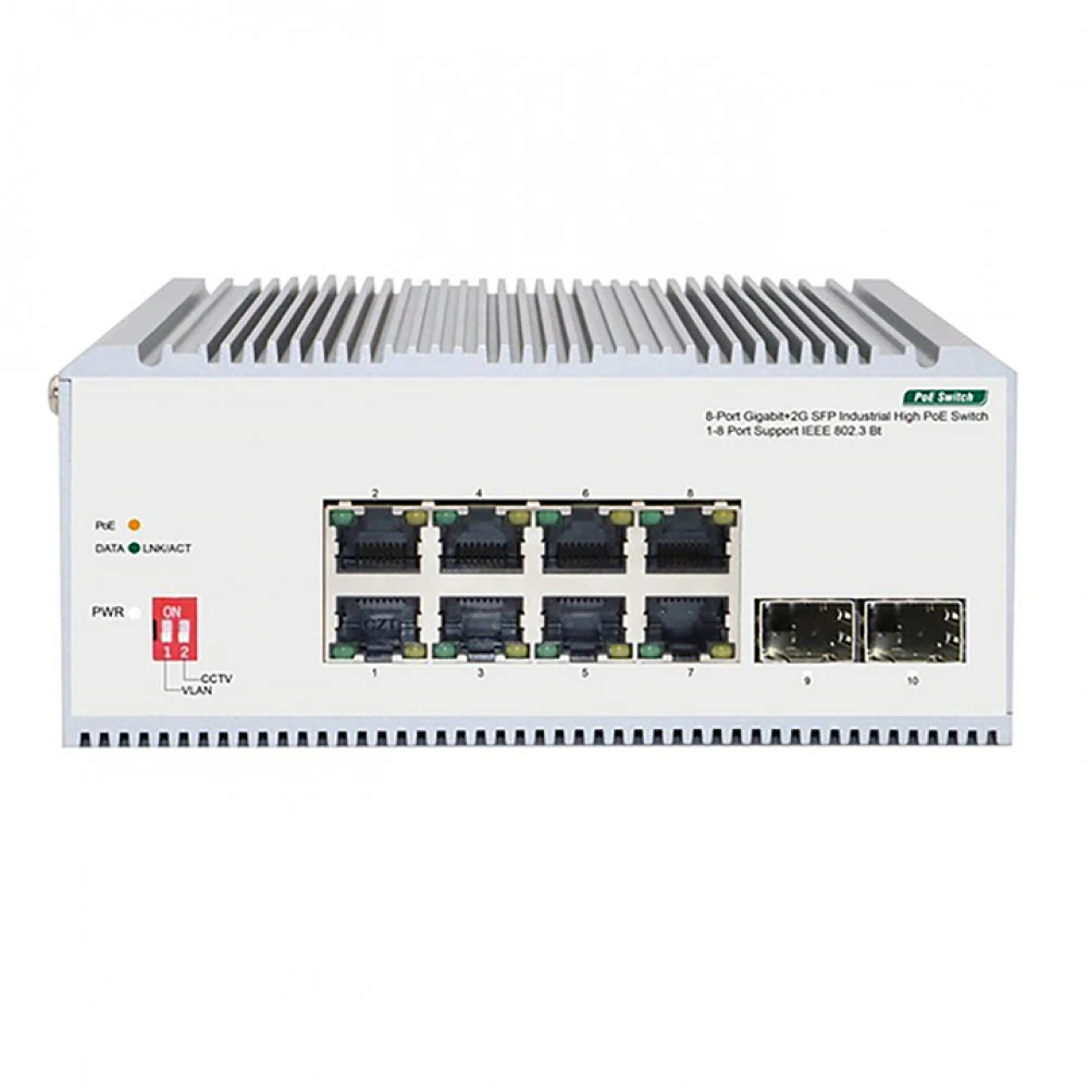 ORIGO Unmanaged Industrial Switch 8x1000Base-T PoE, 2x1000Base-X SFP, PoE Budget 185W, Surge 4KV, -40 to 75°C