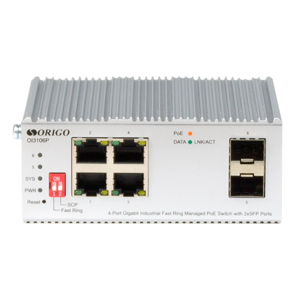 Коммутатор ORIGO OI3106P/60W/A1A Промышленный управляемый L2 PoE-коммутатор 4x1000Base-T PoE+, 2x1000Base-X SFP, PoE-бюджет 60 Вт