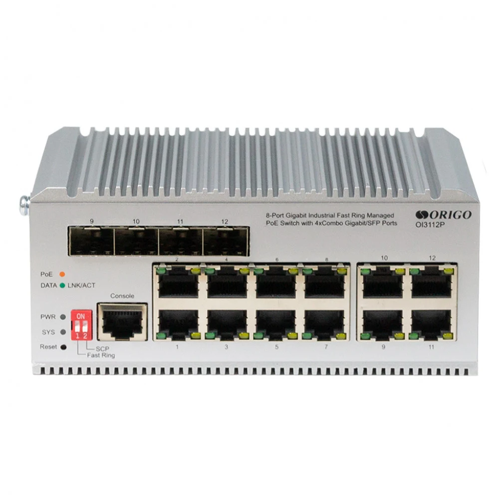 Коммутатор/ Managed L2 Industrial Fast Ring Switch 8x1000Base-T PoE, 4xCombo 1000Base-T/SFP, PoE Budget 185W, Surge 4KV, -40 to 75°C