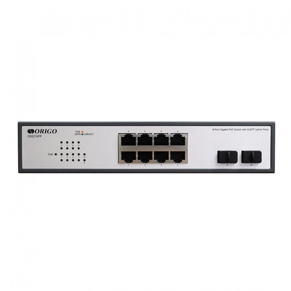 Коммутатор ORIGO Неуправляемый PoE-коммутатор, 8x1000Base-T PoE, 2x1000Base-X SFP, PoE-бюджет 120 Вт, комплект для установки в 19" стойку