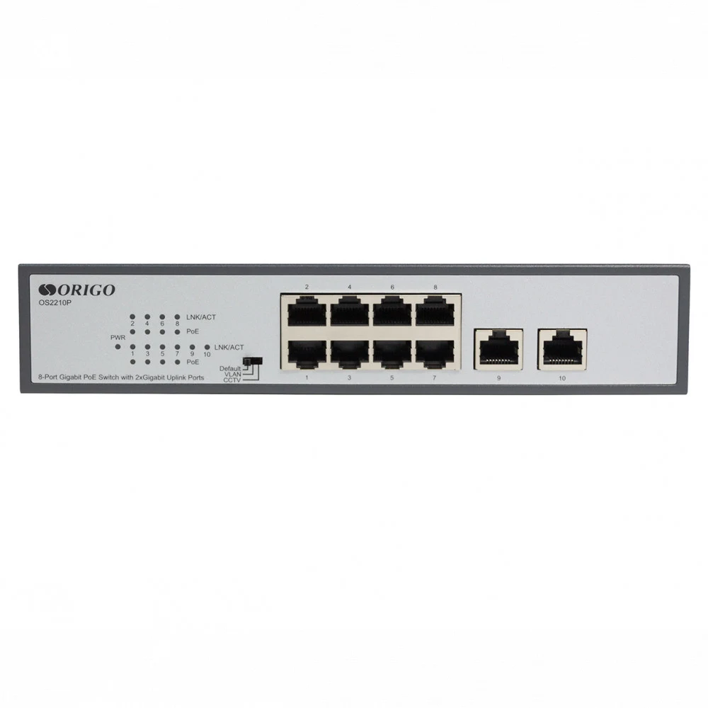 Коммутатор ORIGO Неуправляемый PoE-коммутатор, 8x1000Base-T PoE, 2x1000Base-T, PoE-бюджет 120 Вт, PoE до 250 м, комплект для установки в 19" стойку