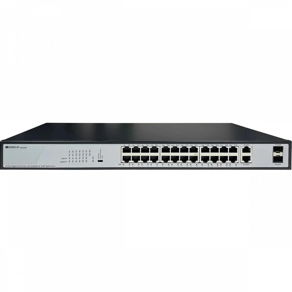 Коммутатор/ Неуправляемый PoE-коммутатор, 26x1000Base-T (24x1000Base-T PoE), 2xCombo 1000Base-T/SFP, PoE-бюджет 370 Вт, PoE до 250 м, комплект для установки в 19" стойку