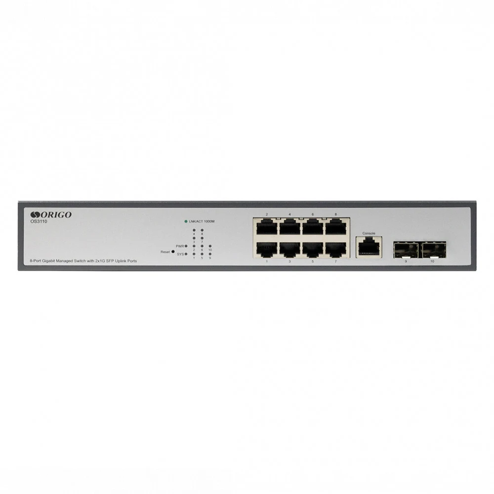 Коммутатор ORIGO Управляемый L2 коммутатор, 8x1000Base-T, 2x1000Base-X SFP, консольный порт RJ-45, комплект для установки в 19" стойку