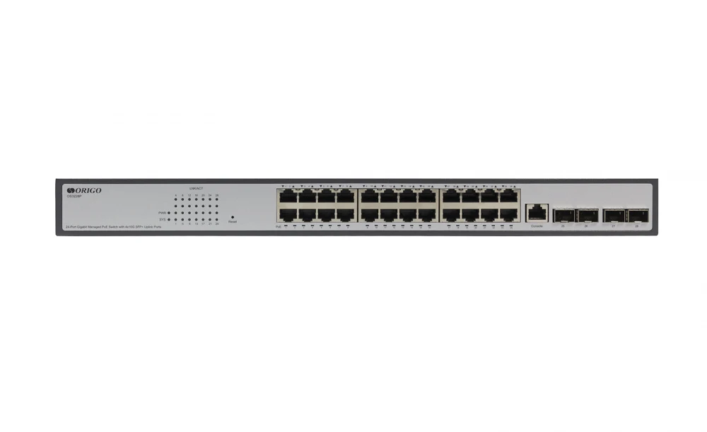 Коммутатор ORIGO Управляемый L3 PoE-коммутатор, 24x1000Base-T PoE, 4x10GBase-X SFP+, PoE-бюджет 370 Вт, консольный порт RJ-45, комплект для установки в 19" стойку