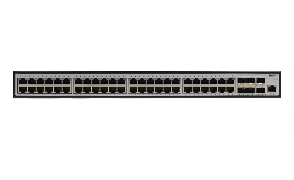 Коммутатор ORIGO Управляемый L3 PoE-коммутатор, 48x1000Base-T PoE, 6x10GBase-X SFP+, PoE-бюджет 370 Вт, консольный порт RJ-45, комплект для установки в 19" стойку