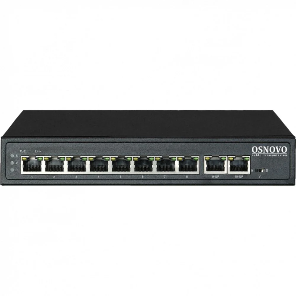 PoE Коммутатор OSNOVO SW-21000(120W) PoE коммутатор Fast Ethernet на 10 RJ45 портов. Порты: 1 x FE (10/100Base-T) с PoE (до 60W, A+B) + 7 x FE (10/100Base-T) с PoE (до 30W), 2 x FE (10/100 Base-T).