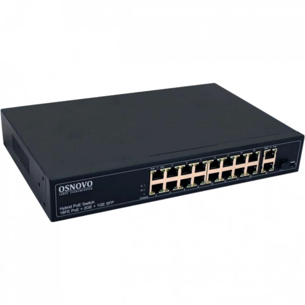 PoE Коммутатор OSNOVO SW-61621(300W) PoE коммутатор Fast Ethernet на 16 x RJ45 PoE + 2 x RJ45 GE + 1 SFP GE порта. Порты: 2 x FE (10/100Base-T) с PoE (до 60W, A+B) + 14x FE (10/100Base-T) с PoE (до