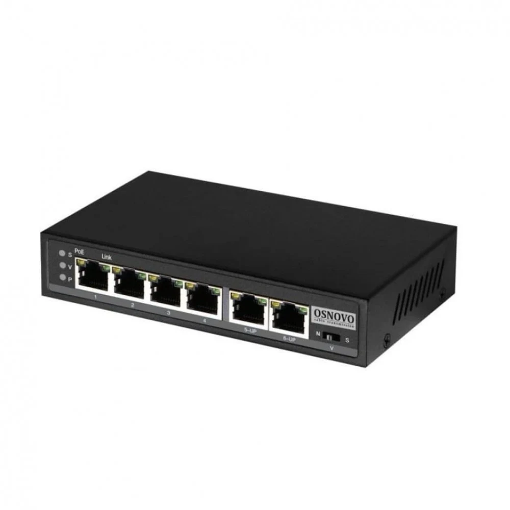 Удлинитель/ OSNOVO Коммутатор/ удлинитель FE на 6 портов с питанием по PoE, 4 *10/100 Base-T PoE, 1 *10/100 Base-T Uplink с поддержкой питания по PoE (до 90W), 1 *10/100 Base-T Uplink, PoE на порт -