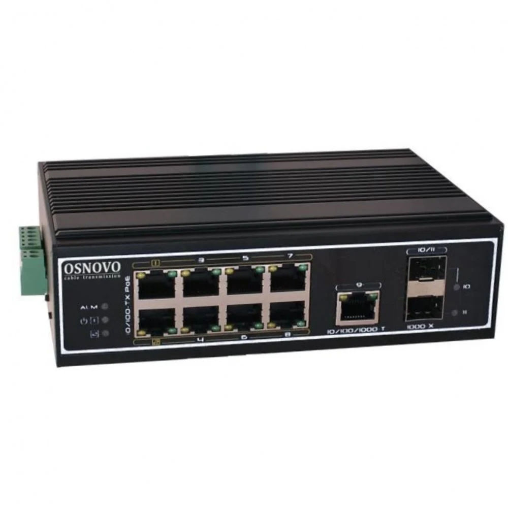 Промышленный PoE коммутатор Gigabit Ethernet OSNOVO SW-60812/I Промышленный PoE коммутатор на 11 портов. Порты: 6 x FE (10/100Base-T) с PoE (до 30W) + 2 x FE (10/100Base-T) с PoE (до 60W) + 1 x GE (