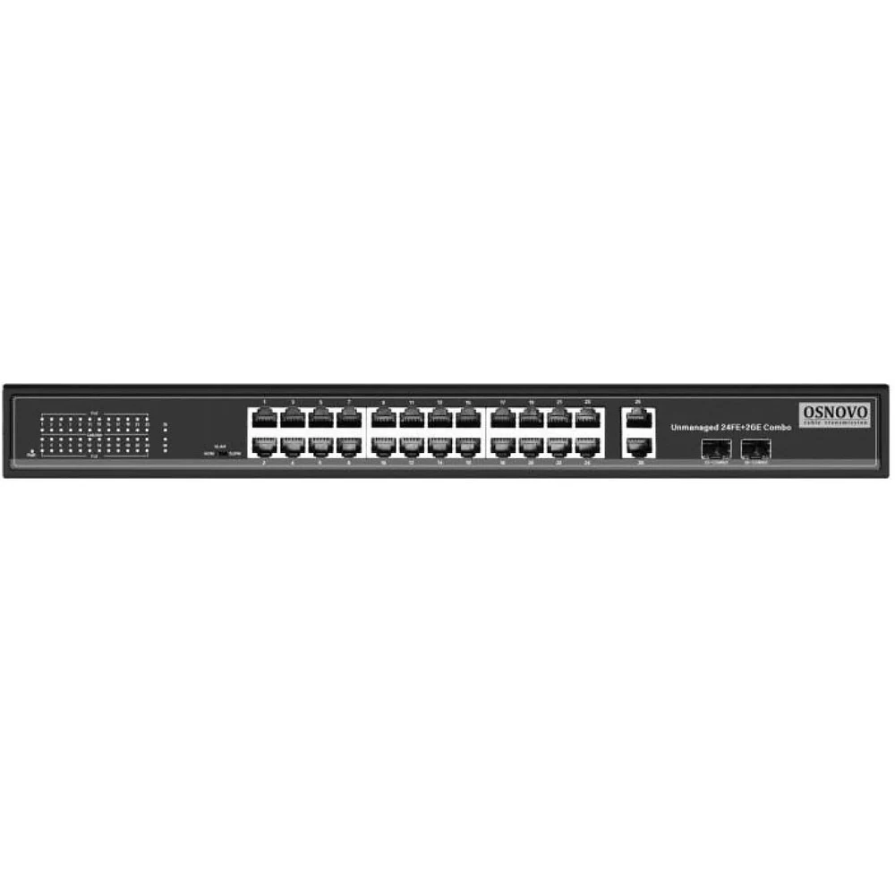 PoE Коммутатор OSNOVO SW-62422(400W) PoE коммутатор Fast Ethernet на 24 x RJ45 портов + 2 x GE Combo uplink порта. Порты: 2 x FE (10/100Base-T) с PoE (до 60W, A+B) + 22 x FE (10/100Base-T) с PoE (до